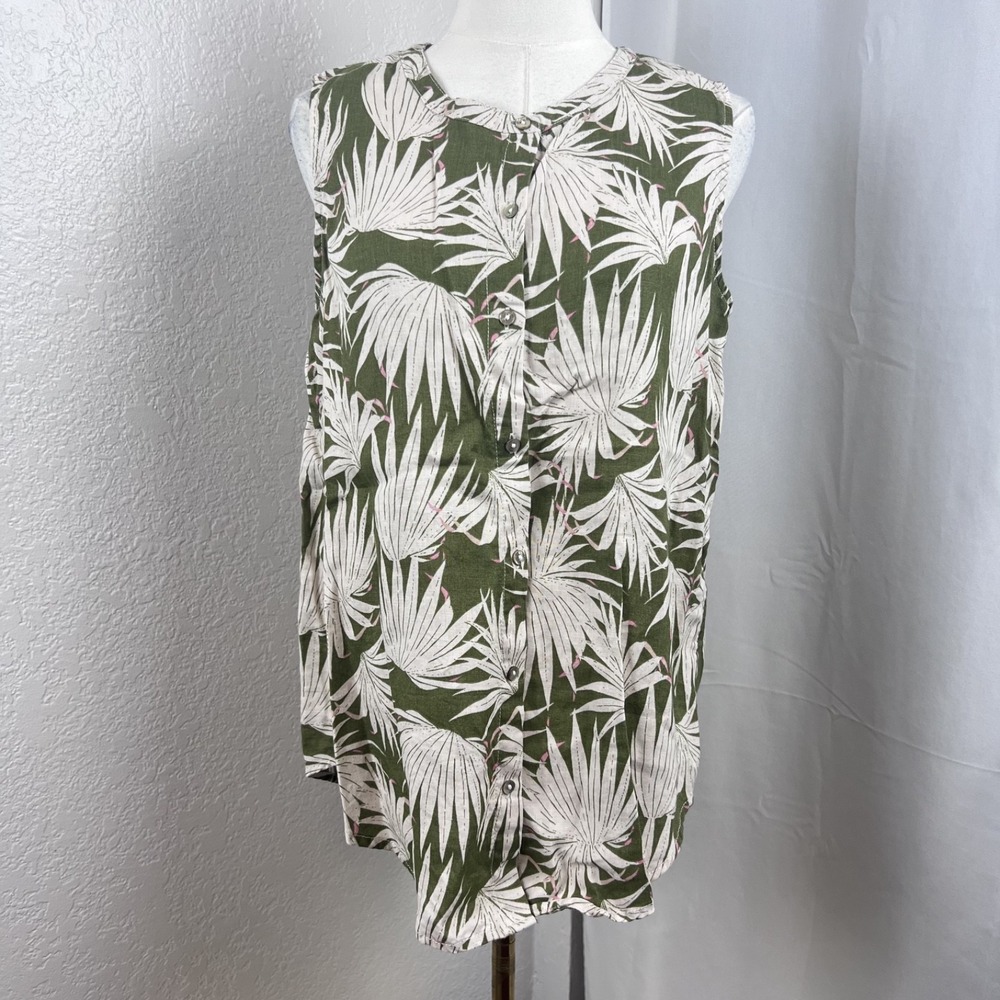 Tahari 100% Linen Top Womens Medium Floral Sleeveless Button Up Coastal Resort